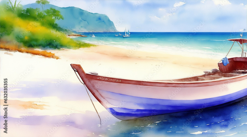 Boat on the beach watercolor oil painting landscape boating wallpaper. Generative AI.