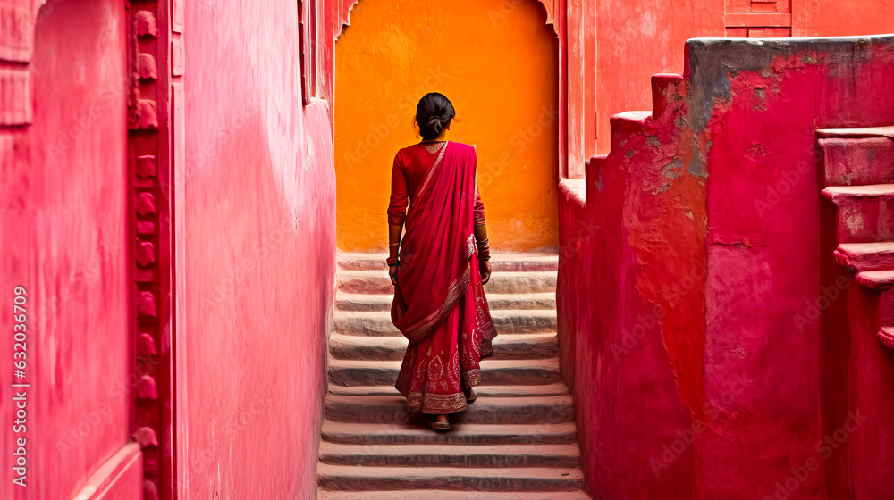 Captivating Jaipur cityscape with local woman in traditional fuchsia sari, enhancing the rosy palett