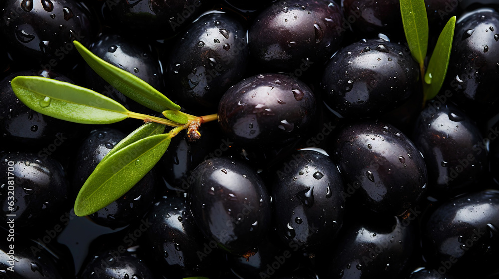 Black olives with leaves and water drops background. Vegetables backdrop. Generative AI