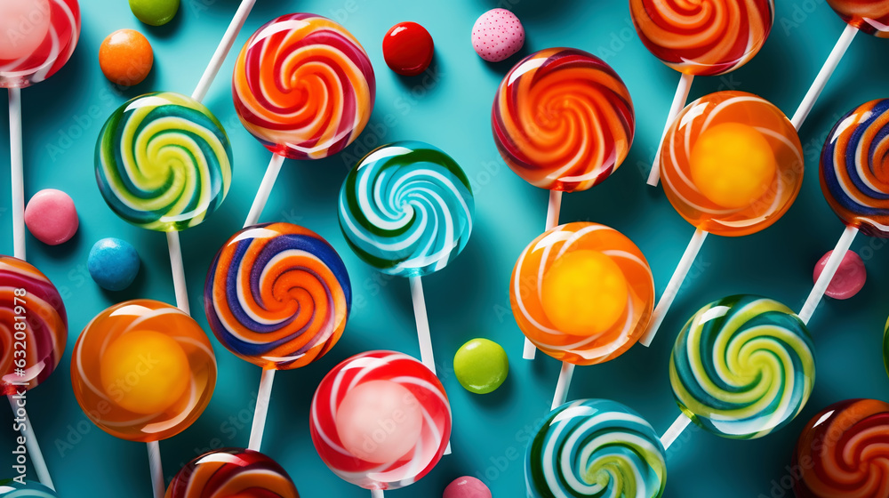 Colorful lollipop candies background. Top view. Generative AI