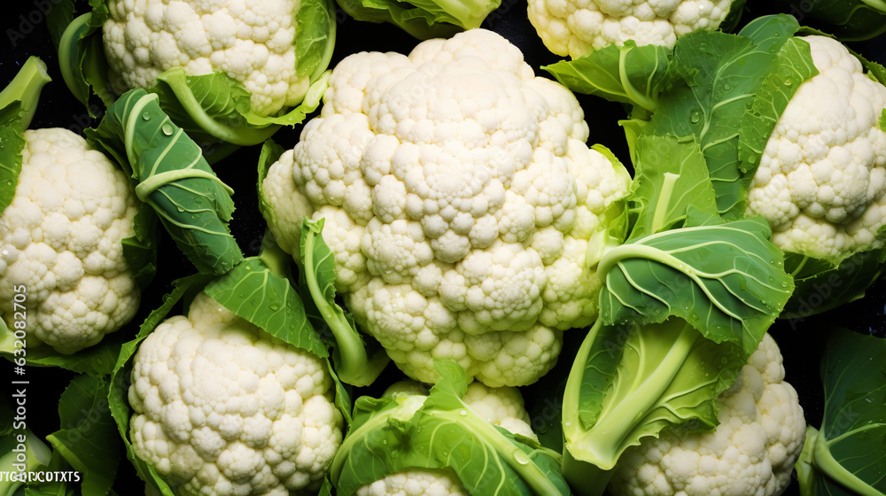 Fresh cauliflowers with water drops background. Vegetables backdrop. Generative AI