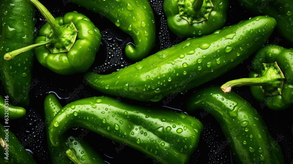 Fresh green bell peppers with water drops background. Vegetables backdrop. Generative AI