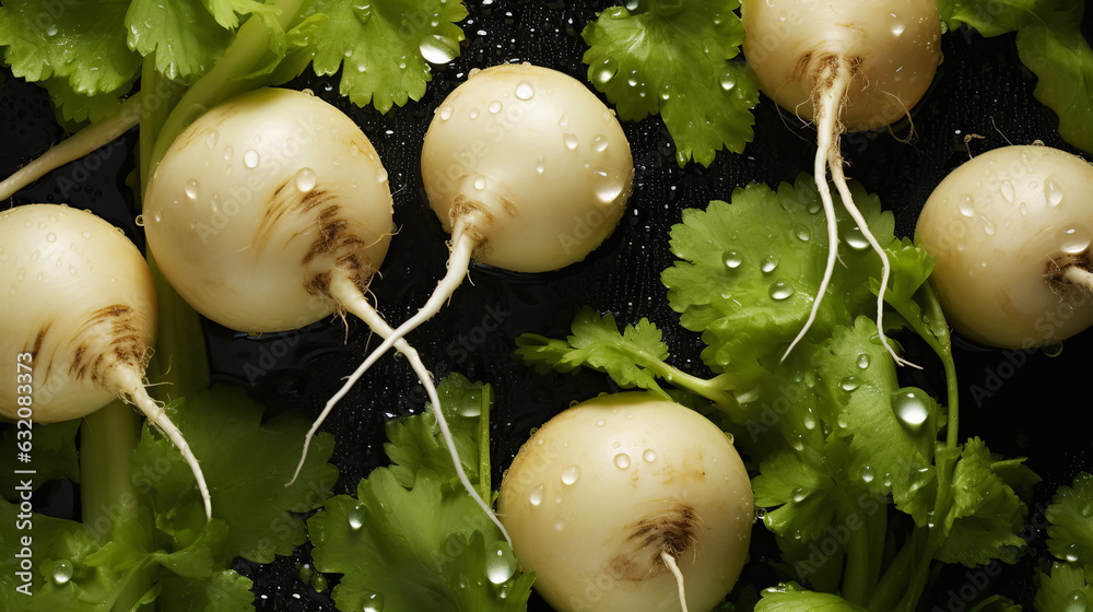 Fresh turnips with water drops background. Vegetables backdrop. Generative AI