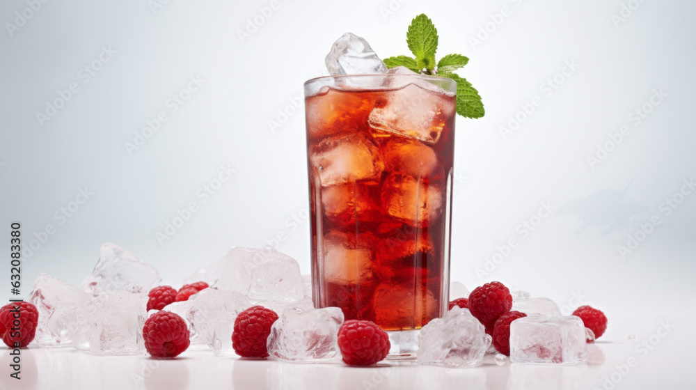 Summer drink or cocktail decorated with fresh raspberry