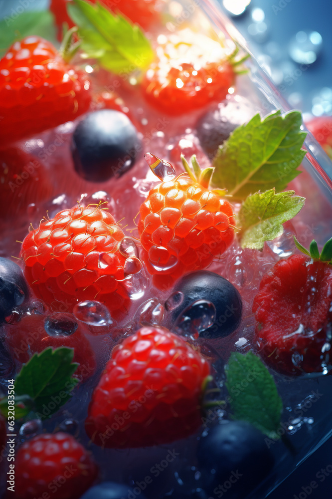 Ice with berryand mint, close up, summer drink concept.