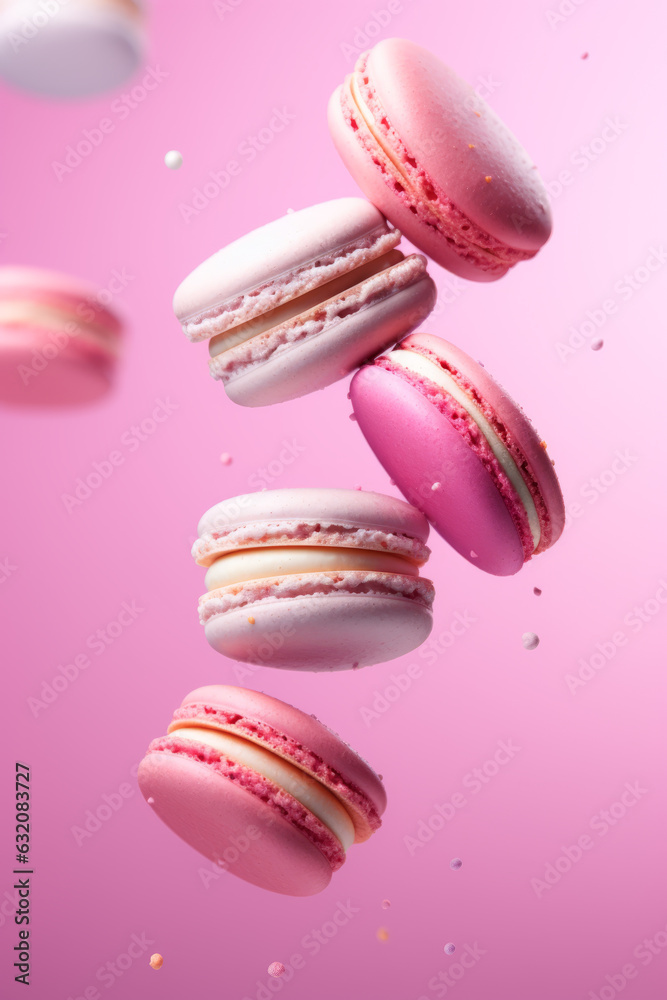 Different types of macaroons in motion falling on a pink background