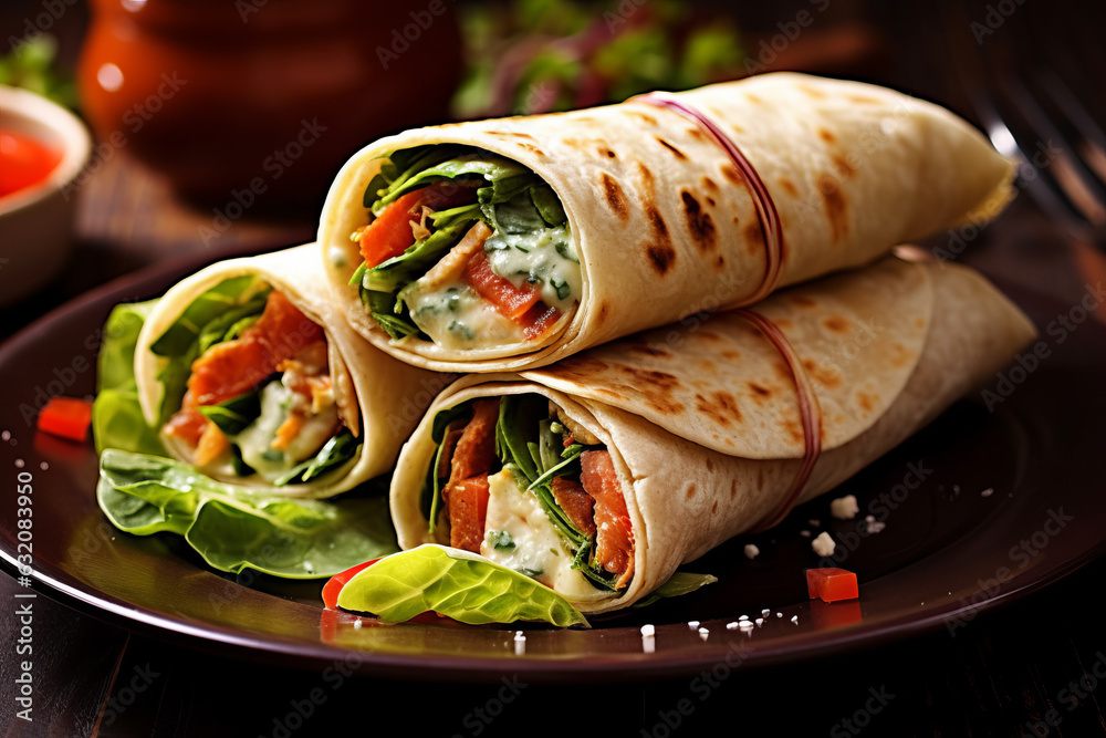 Vegan vegetable wraps, ready to eat, close up