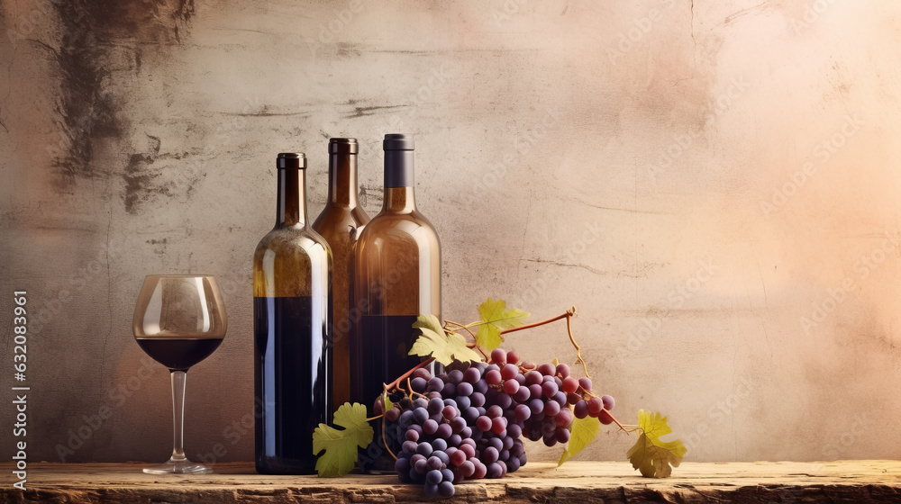 Bottle of Wine and grape, wine tasting and wine shop concept, copy space