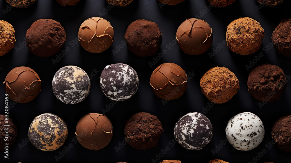 Chocolate truffles background, top view. Sweet cocoa candy. Generative AI