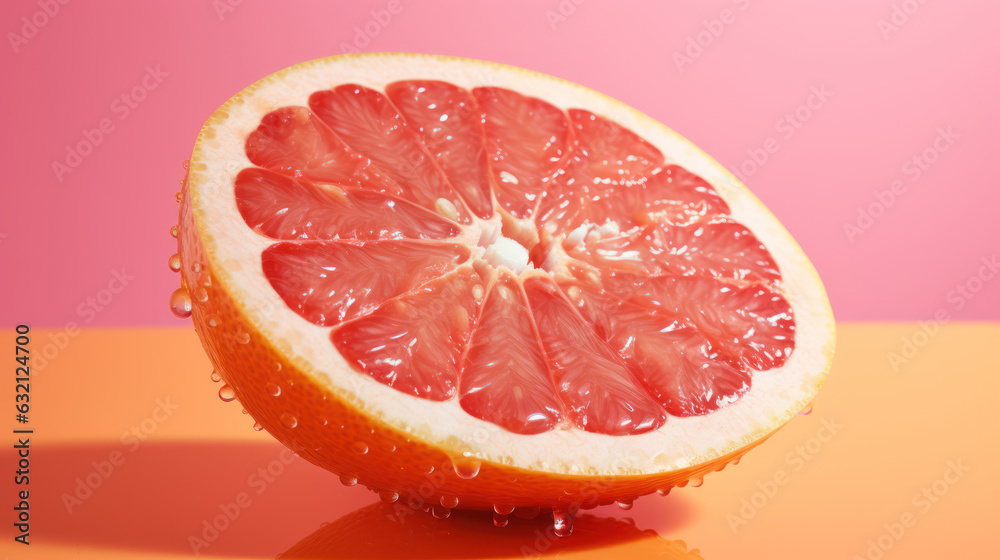 A close-up of a juicy slice of grapefruit against a vibrant background