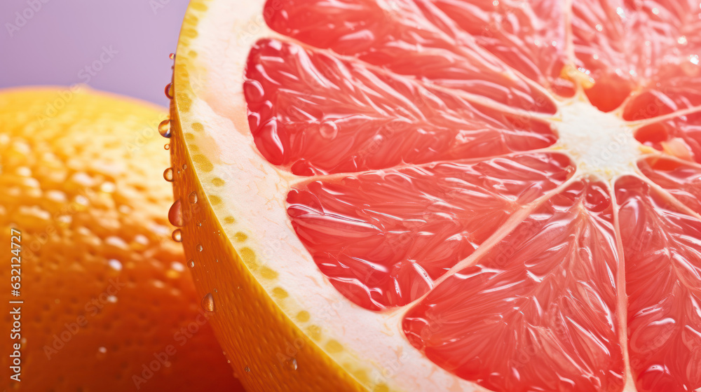 A close-up of a juicy slice of grapefruit against a vibrant background