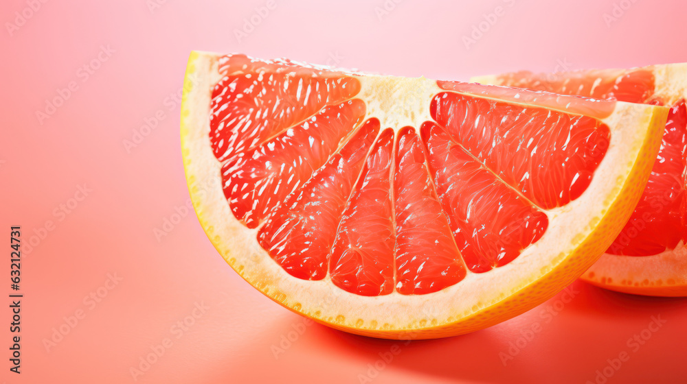 A close-up of a juicy slice of grapefruit against a vibrant background