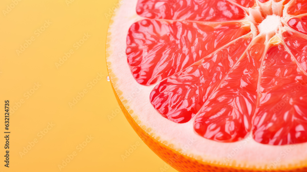 A close-up of a juicy slice of grapefruit against a vibrant background