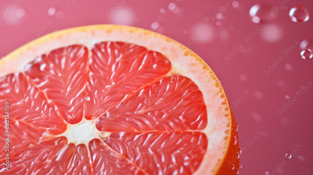 A close-up of a juicy slice of grapefruit against a vibrant background