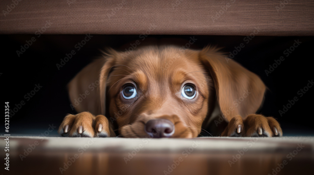 Puppy hiding under the bed with fear face