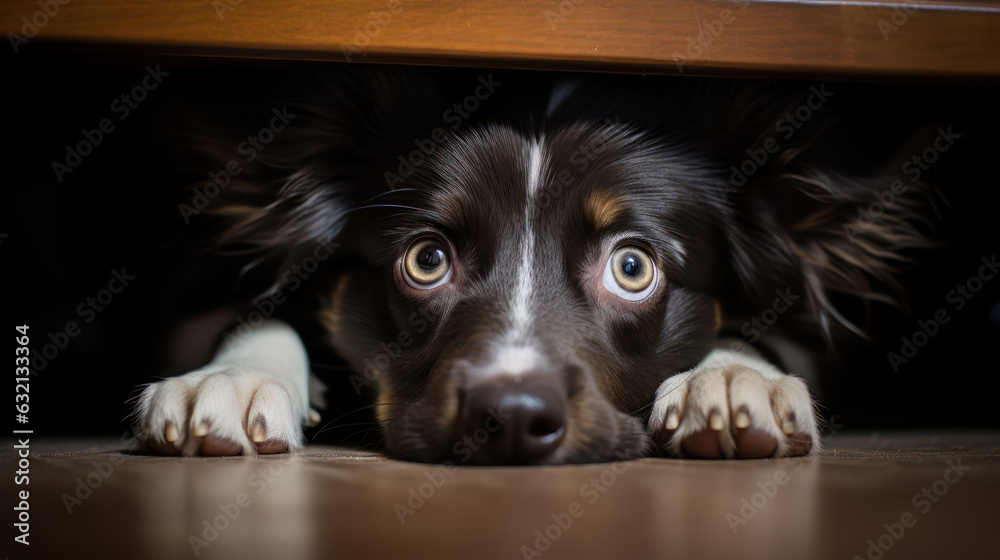 Puppy hiding under the bed with fear face