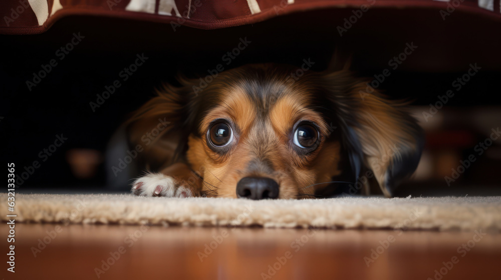 Puppy hiding under the bed with fear face