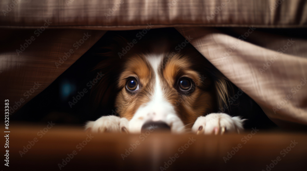 Puppy hiding under the bed with fear face