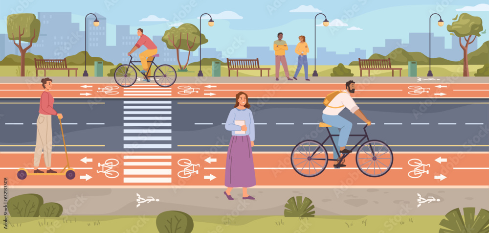 Bike walking path, cyclist traffic or road rules flat cartoon vector illustration. Cyclists use rout