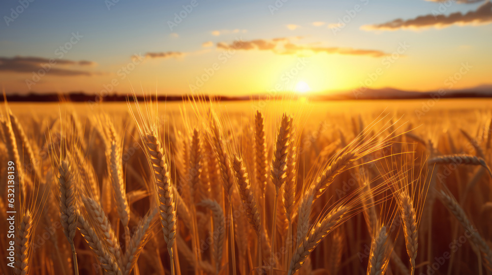 Wheat field at sunset with a warm golden light.