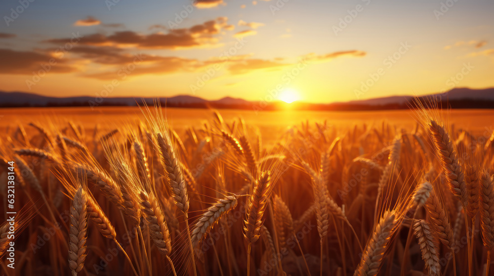 Wheat field at sunset with a warm golden light.