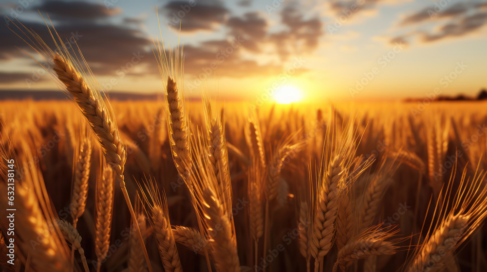 Wheat field at sunset with a warm golden light.