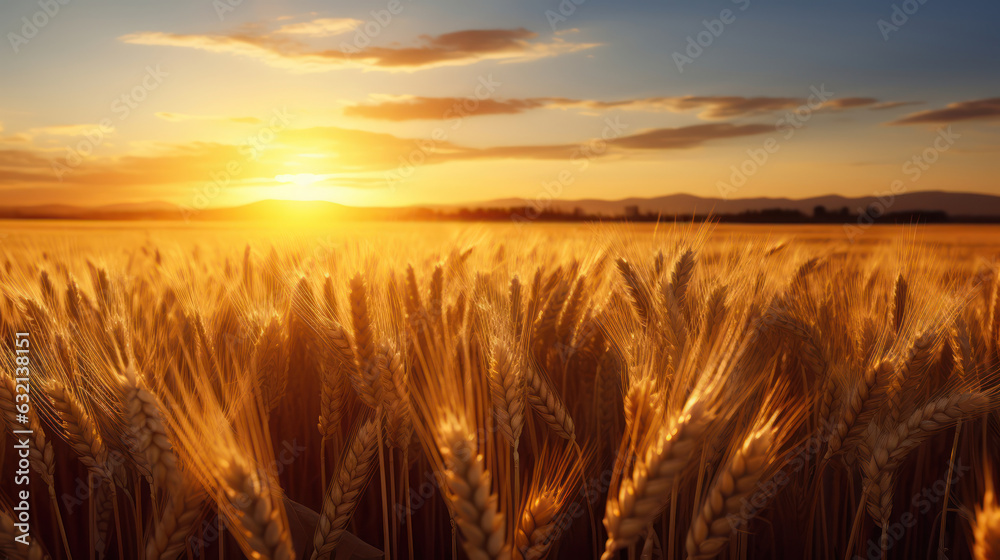 Wheat field at sunset with a warm golden light.