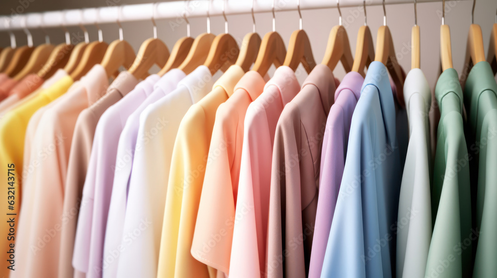 Clothes on clothing rack.  Pastel colorful closet in shop