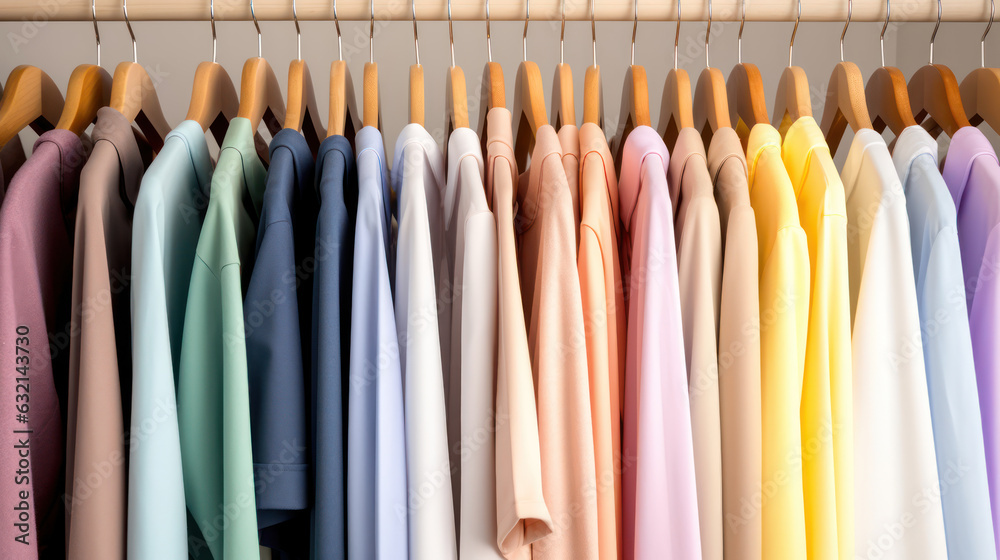 Clothes on clothing rack.  Pastel colorful closet in shop