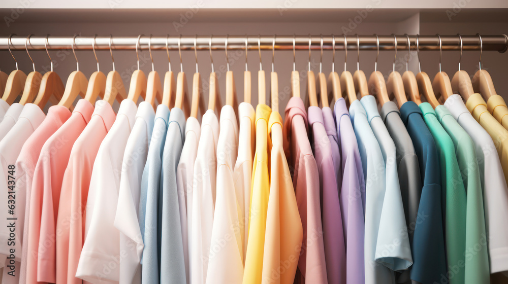 Clothes on clothing rack.  Pastel colorful closet in shop