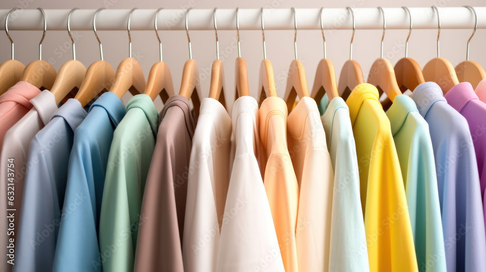 Clothes on clothing rack.  Pastel colorful closet in shop