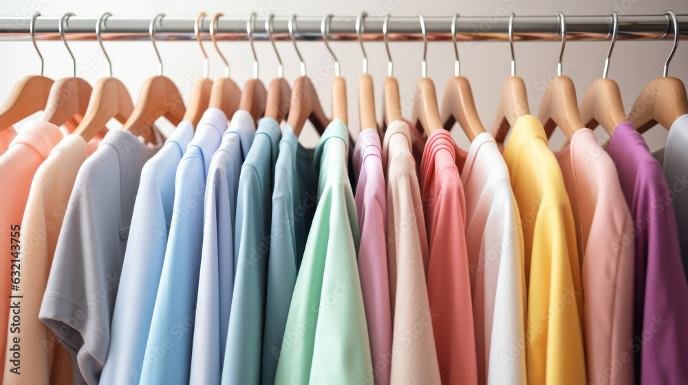 Clothes on clothing rack.  Pastel colorful closet in shop