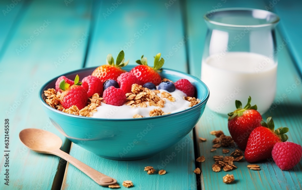 breakfast bowl featuring homemade baked granola, frozen berries, fresh strawberries, alongside a bot