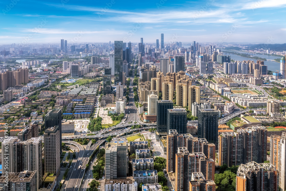 Aviation photography of the urban architectural skyline in Changsha, China