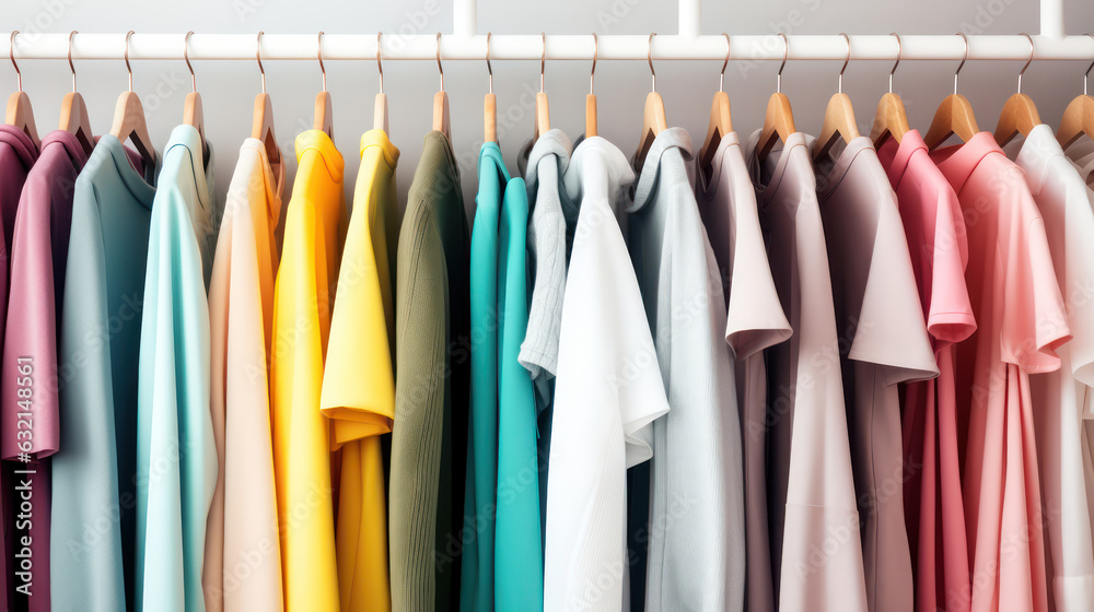 Colourful clothes on white rack