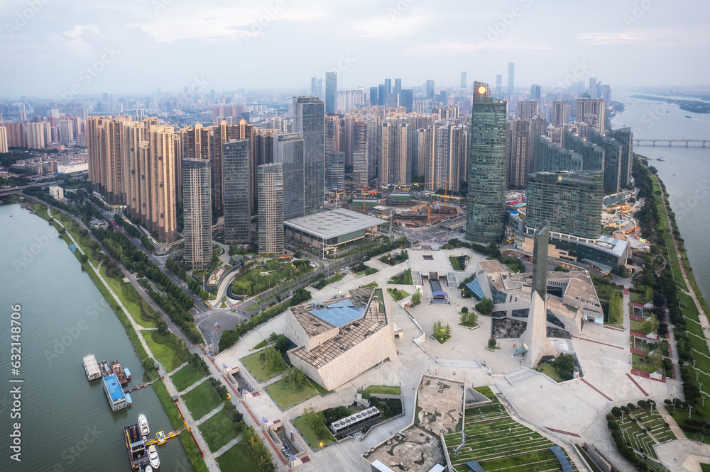 Aviation photography of the urban architectural skyline in Changsha, China