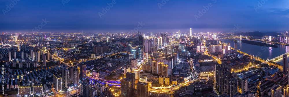 Aviation photography of the night view of the city architecture of Changsha City, China