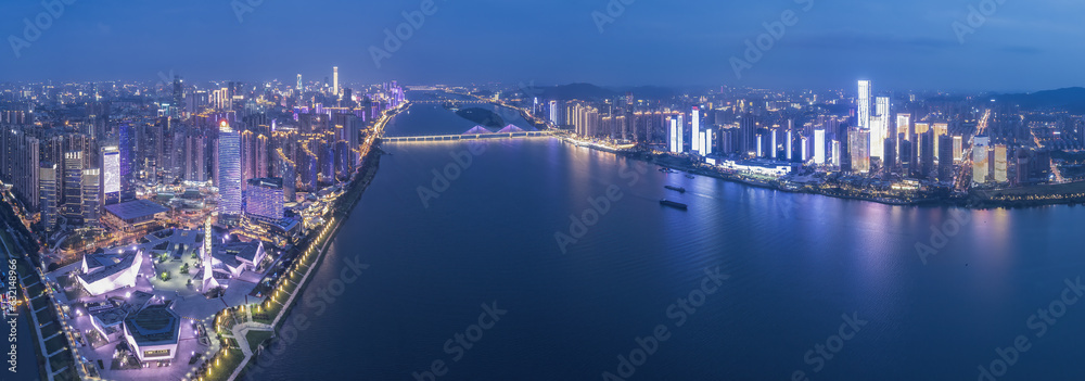 Aviation photography of the night view of the city architecture of Changsha City, China