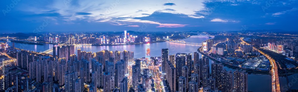 Aviation photography of the night view of the city architecture of Changsha City, China