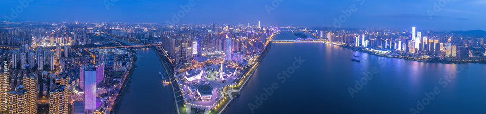 Aviation photography of the night view of the city architecture of Changsha City, China