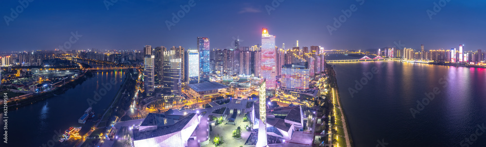 Aviation photography of the night view of the city architecture of Changsha City, China