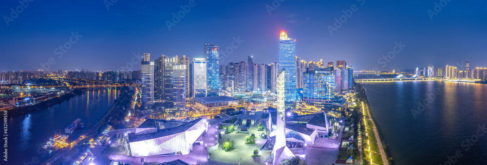 Aviation photography of the night view of the city architecture of Changsha City, China