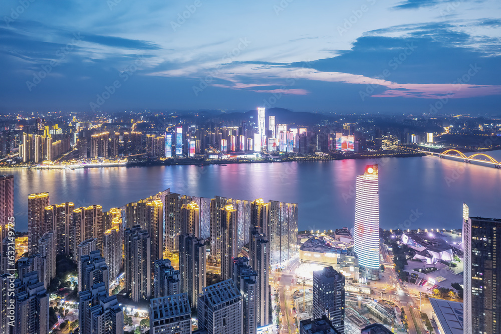 Aviation photography of the night view of the city architecture of Changsha City, China