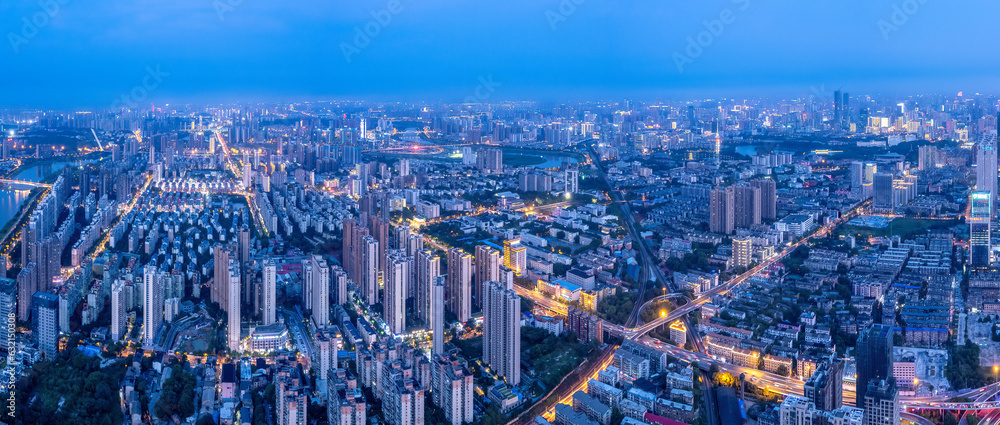 Aviation photography of the night view of the city architecture of Changsha City, China