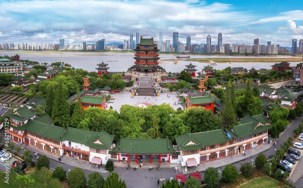 Aerial photography of the architectural landscape skyline on both sides of the Ganjiang River in Nan