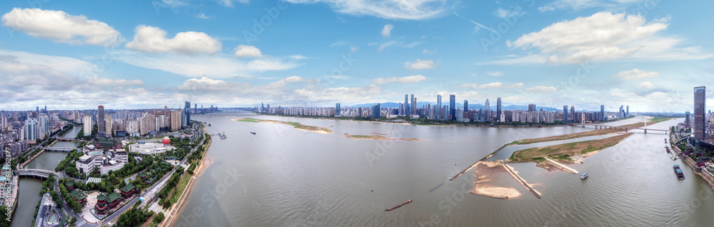 Aerial photography of the architectural landscape skyline on both sides of the Ganjiang River in Nan