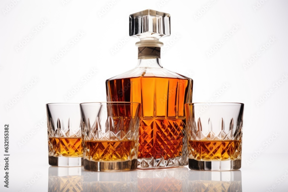 Decanter with whiskey or cognac and a glass on a white background