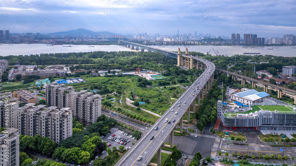 .Aerial photography of the famous Yangtze River Bridge skyline in Nanjing, China