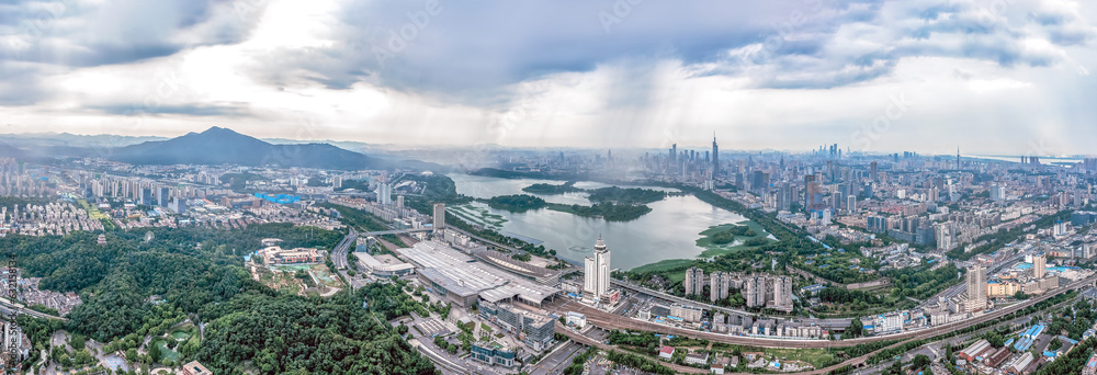 Aerial photography of the skyline of urban architecture along Xuanwu Lake in Nanjing, China