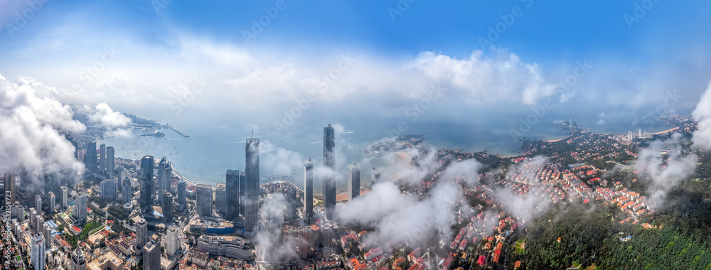 Aerospace Chinese coastal city landscape panoramic view